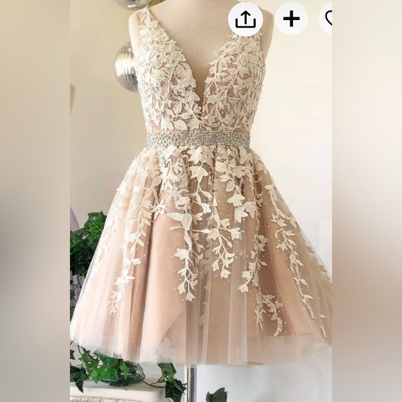 A Line V Neck Short Champagne Lace Formal Prom/Wedding Dress - Picture 4 of 6